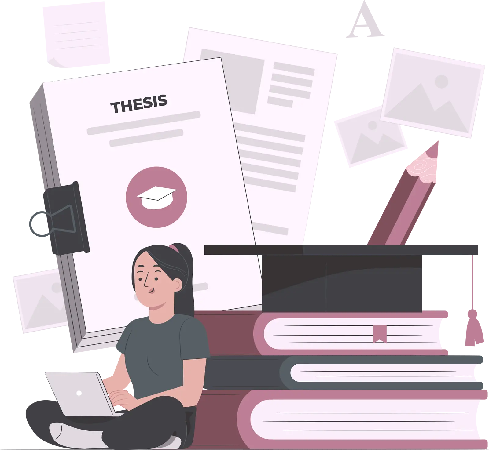 Tesis profesional con libros, documento académico y estudiante trabajando